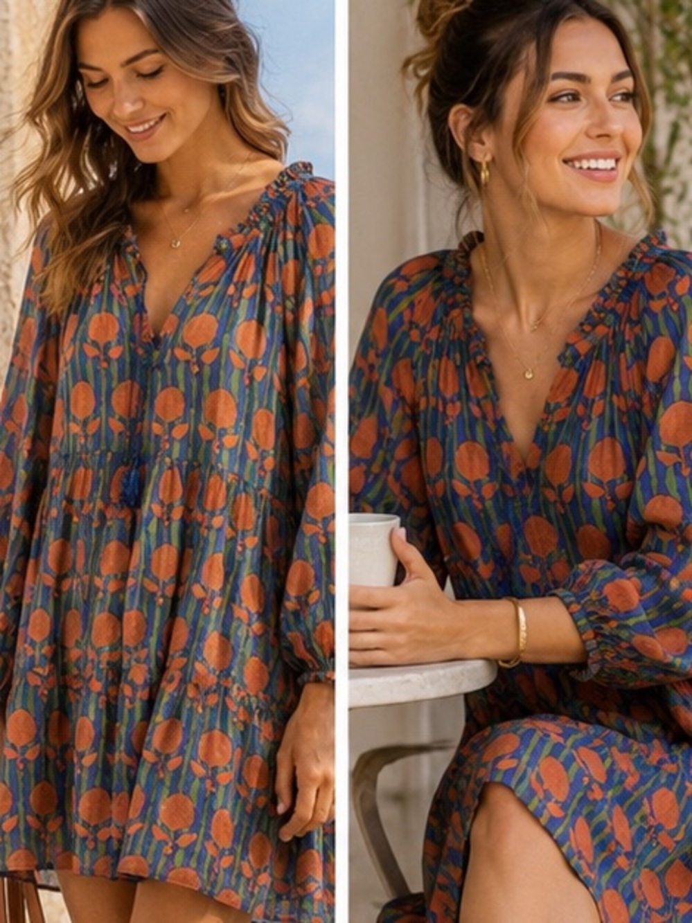 Oliphant Silk Cotton Tie Front Balloon Mini Dress Long Sleeve Tulip Orange - Picture 5 of 13